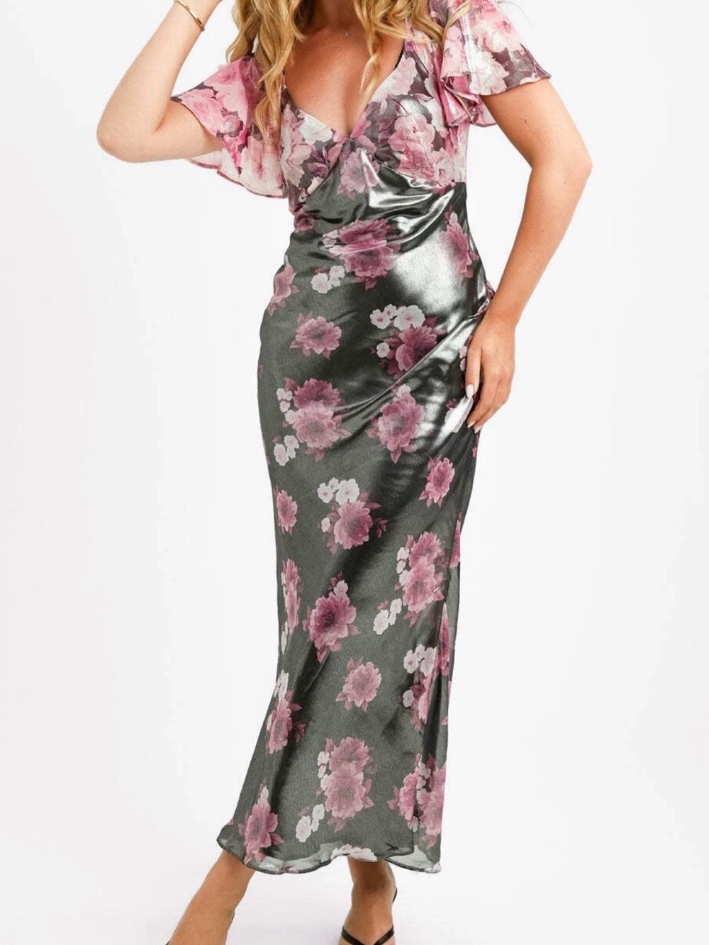 NWOT ASOS DESIGN V Neck Flutter Sleeve Tie Back Midi Dress Metallic Floral Sz 10